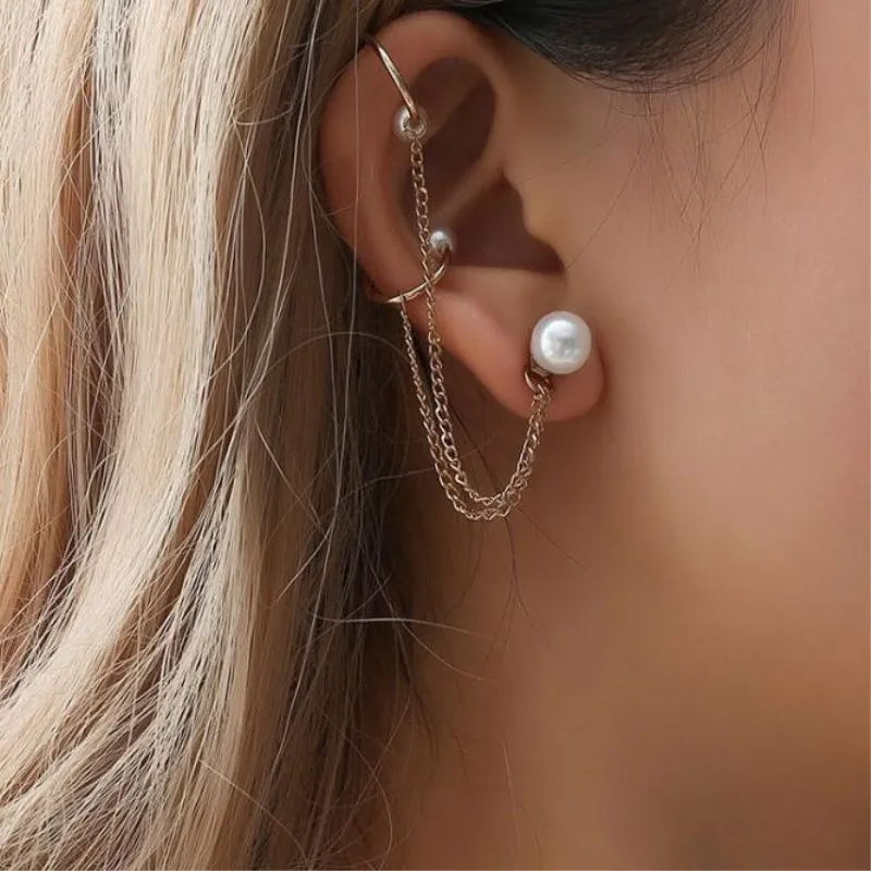 Punk Style Fringed Chain Imitation Pearl Decor Ear Clip