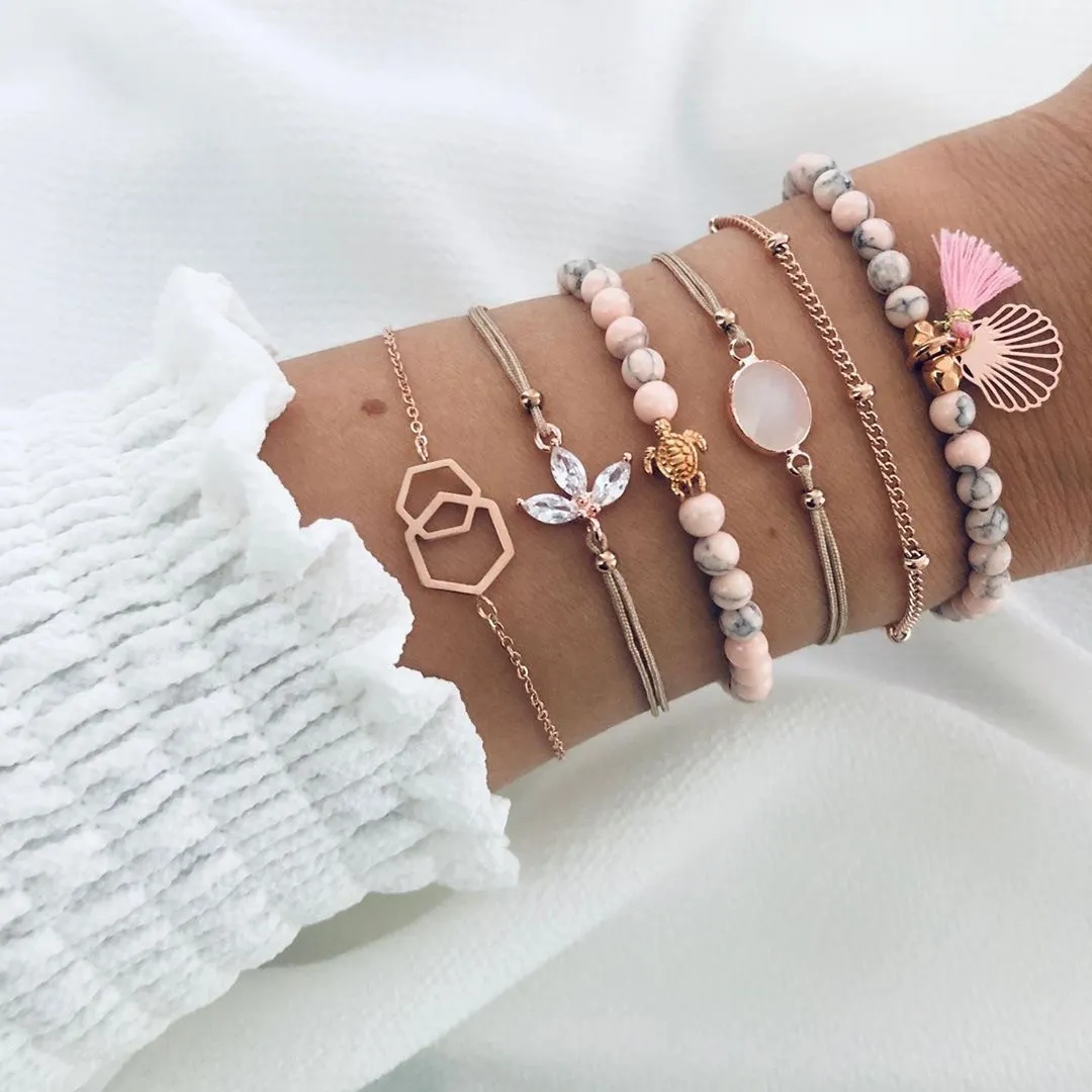 6 Pcs Turtle Decor Beaded Tassel Bracelets Set Alloy