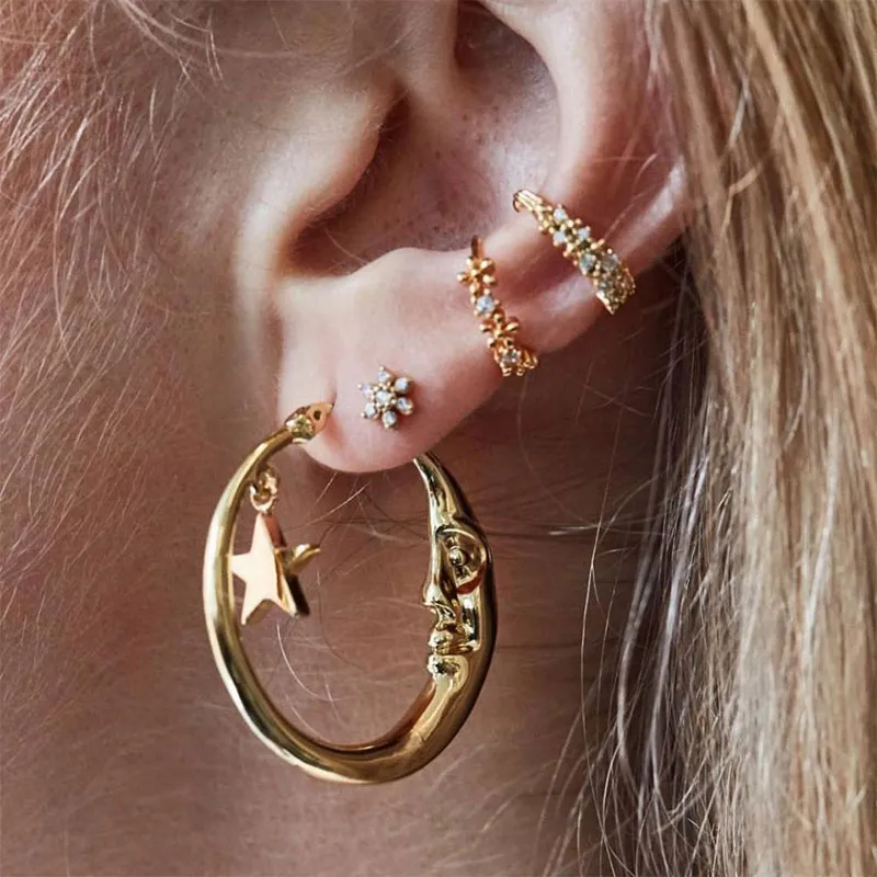 Moon Stars Pattern Clip On Earrings Set For Women