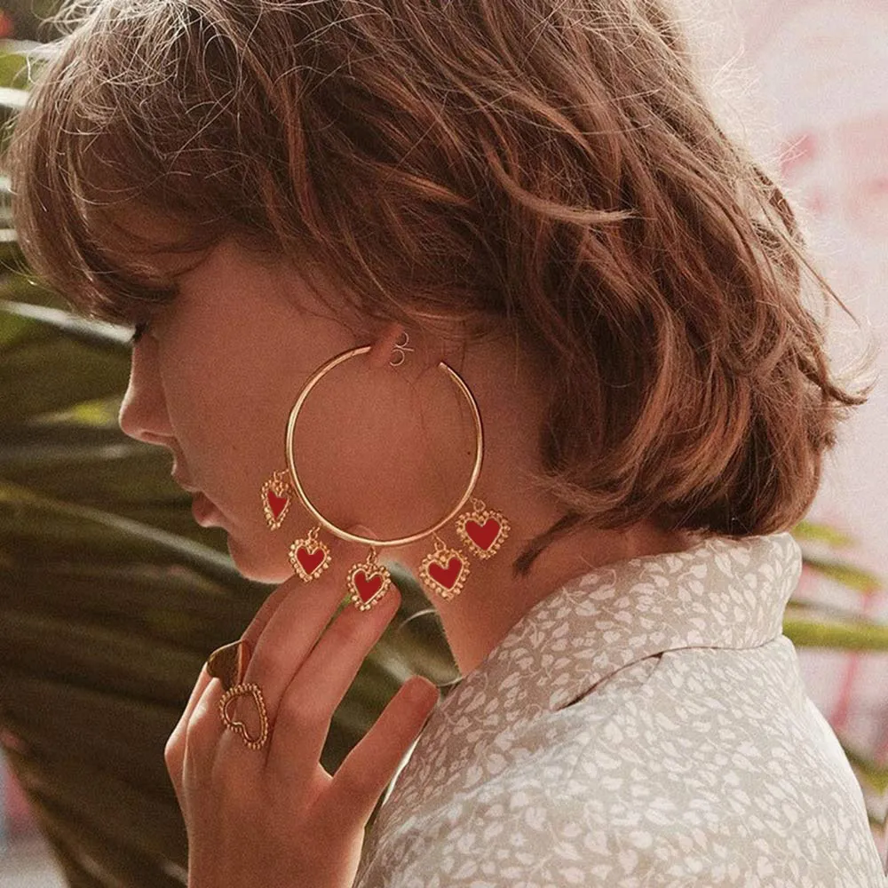 Red Heart Pendant Hoop Earrings For Women Alloy