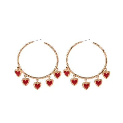 Red Heart Pendant Hoop Earrings For Women Alloy