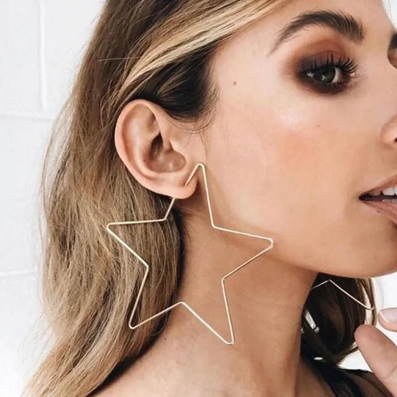 Simple Hollow Five-Pointed Star Hoop Earrings Geometric Handmade Women's Metal Earrings