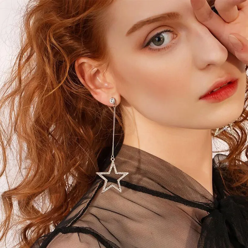 Long-Chain Five-Pointed Star Rhinestone Earrings