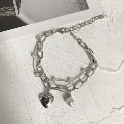 Double Layer Pearl Decor Heart Pendant Bracelet for Women