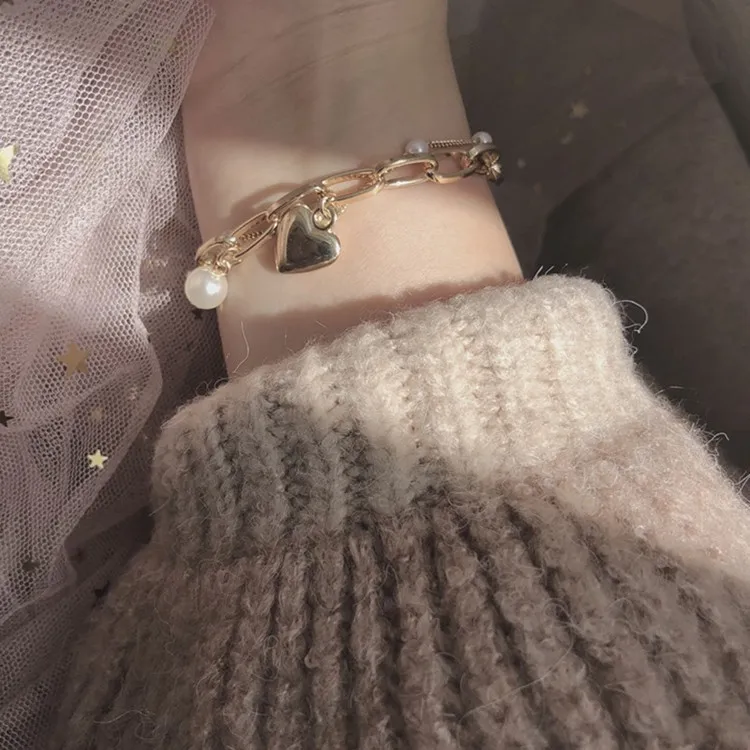 Double Layer Pearl Decor Heart Pendant Bracelet for Women