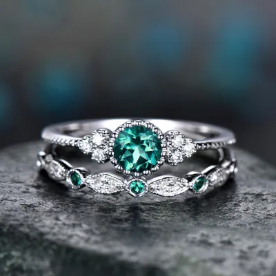 Two-Piece Emerald Decor Ring Set Geometric Unisex Metal