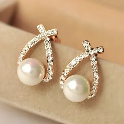 Cross Design Pearl Decor Stud Earrings