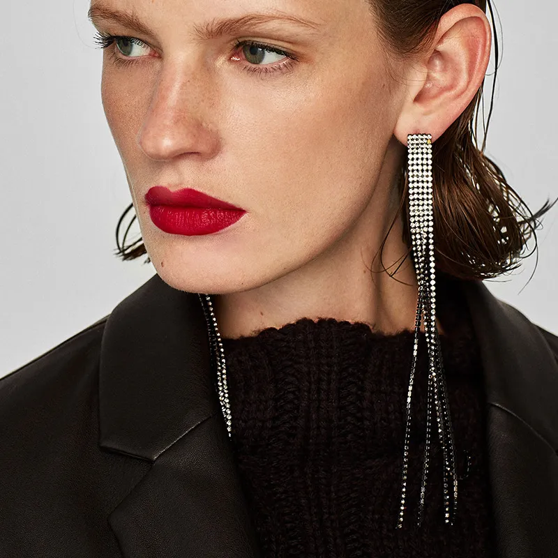 Temperament Inlaid Diamond Tassel Earrings Women's Alloy Geometric