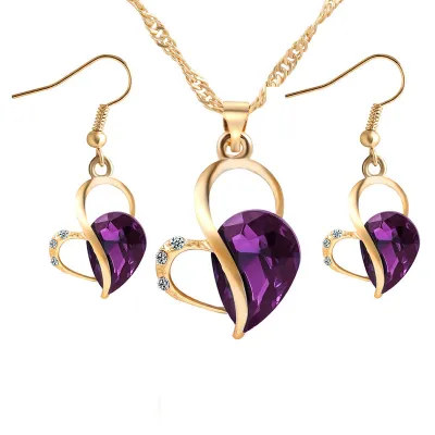 Heart Design Alloy Artificial Crystal Gemstone Decor Jewelry Set for Women with Snake Chain and Extension Chain