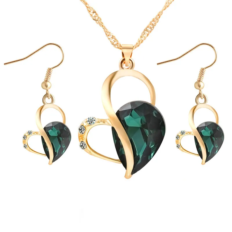 Heart Design Alloy Artificial Crystal Gemstone Decor Jewelry Set for Women with Snake Chain and Extension Chain