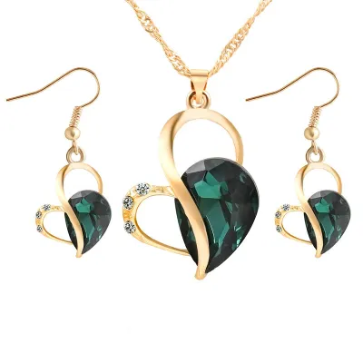 Heart Design Alloy Artificial Crystal Gemstone Decor Jewelry Set for Women with Snake Chain and Extension Chain