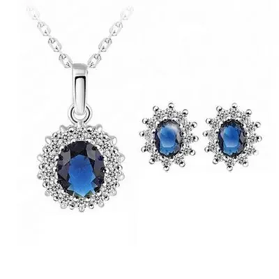 Oval Blue Crystal Decor Jewelry Set for Women Water Wave Chain Alloy Geometric