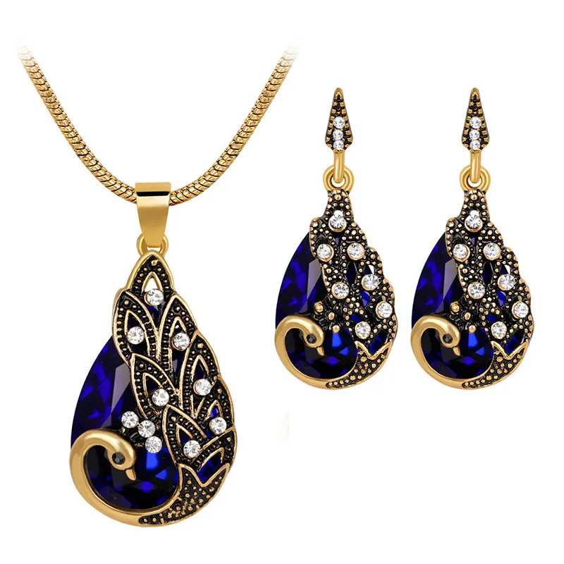 Vintage Peacock Design Alloy Necklace Earrings Jewelry Set
