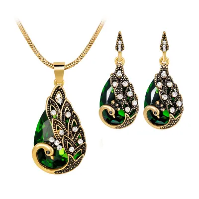 Vintage Peacock Design Alloy Necklace Earrings Jewelry Set