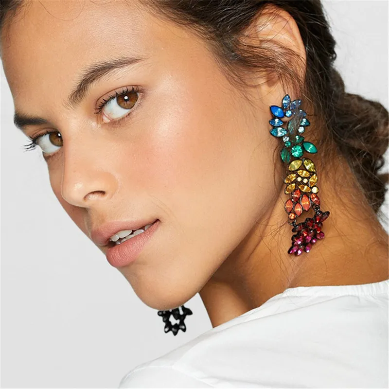Floral Pattern Colorful Rhinestone Decor Dangle Earrings for Women