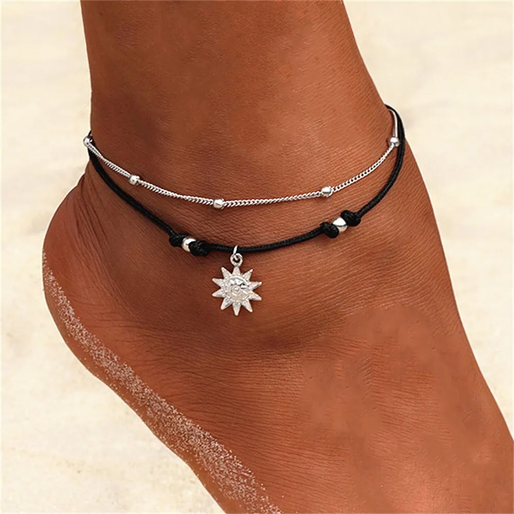 Bohemian Double Layer Sun Pendant Beads Decor Anklet