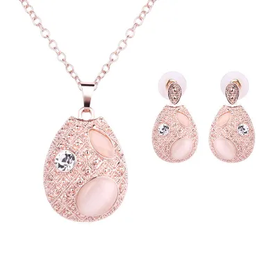 Oval Opal Rhinestone Decor Necklace Earrings Jewelry Set