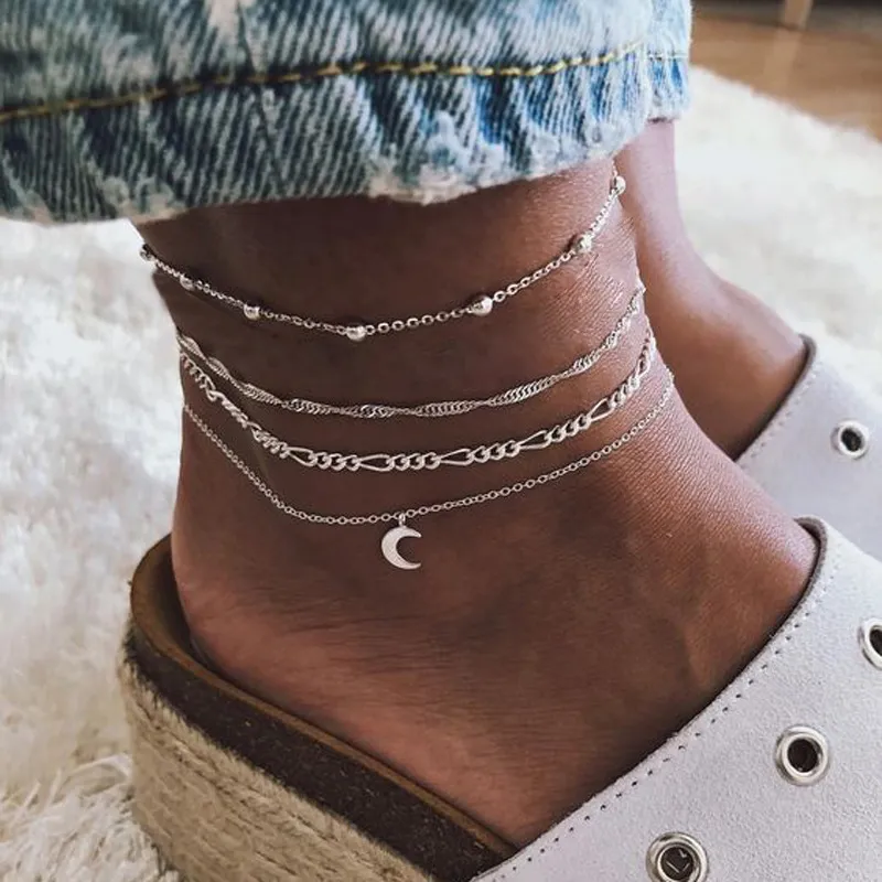 Unique Four Piece Moon Pendant Chain Anklets for Women