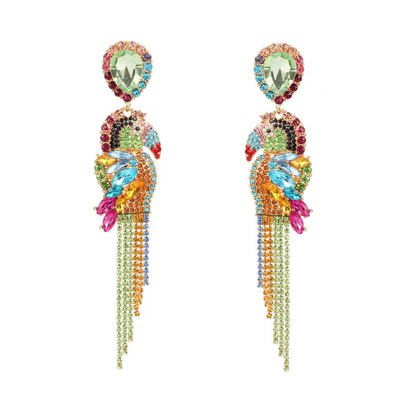 Creative Parrot Design Colorful Rhinestone Decor Dangle Earrings Metal