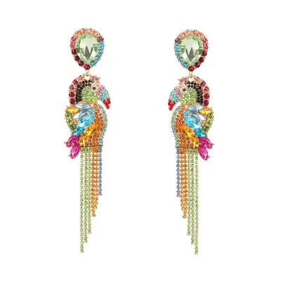Creative Parrot Design Colorful Rhinestone Decor Dangle Earrings Metal