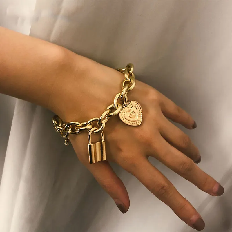Punk Style Lock Heart Pendant Metal Chain Bracelets for Women