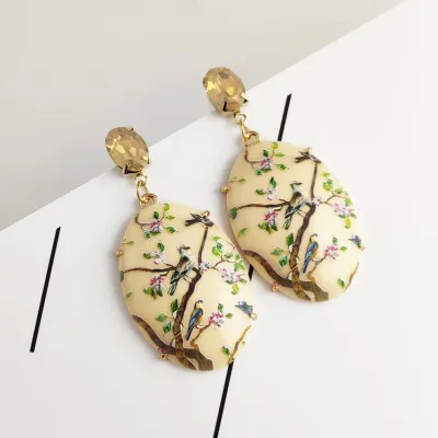 Fashion Chinoiserie Birds Flower Design Dangle Earrings for Women