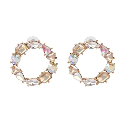 Round Circle Colorful Crystal Decor Stud Earrings for Women