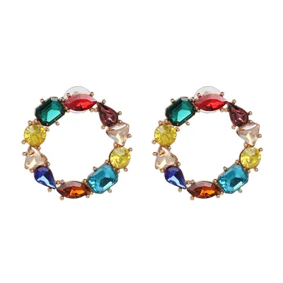Round Circle Colorful Crystal Decor Stud Earrings for Women