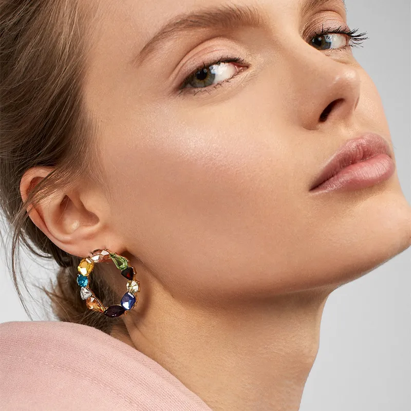 Round Circle Colorful Crystal Decor Stud Earrings for Women