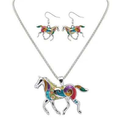Creative Rainbow Horse Pendant Necklace Earrings Jewelry Set for Women