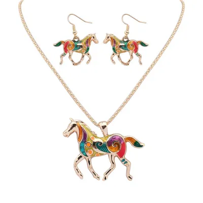 Creative Rainbow Horse Pendant Necklace Earrings Jewelry Set for Women