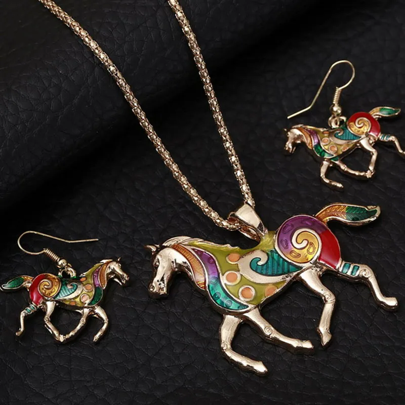 Creative Rainbow Horse Pendant Necklace Earrings Jewelry Set for Women