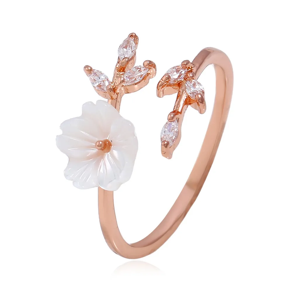 Flower Leaf Design Crystal Decor Open Ring for Women Fashion OL Copper Gemstone