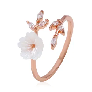 Flower Leaf Design Crystal Decor Open Ring for Women Fashion OL Copper Gemstone