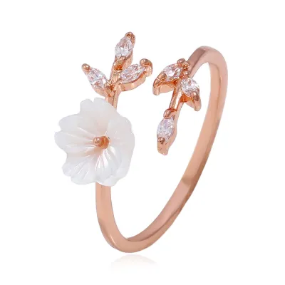 Flower Leaf Design Crystal Decor Open Ring for Women Fashion OL Copper Gemstone