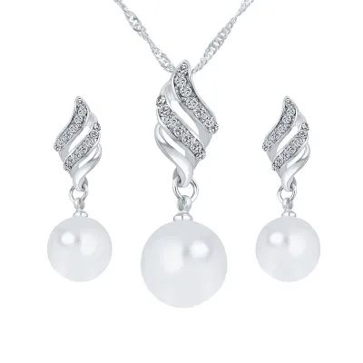 Fashion Pearl Pendant Rhinestone Earrings Necklace Jewelry Set