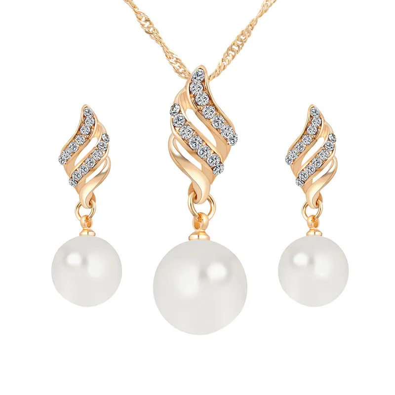 Fashion Pearl Pendant Rhinestone Earrings Necklace Jewelry Set