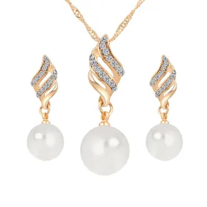 Fashion Pearl Pendant Rhinestone Earrings Necklace Jewelry Set