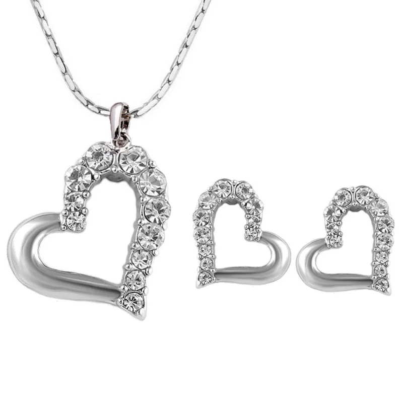 Women's Peach Heart Rhinestone Earrings Necklace Jewelry Set Alloy Fashion Chain 21-50cm