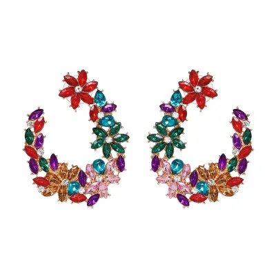 Shiny Glamour Flower Design Rhinestone Decor Drop Earrings for Women