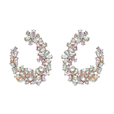 Shiny Glamour Flower Design Rhinestone Decor Drop Earrings for Women