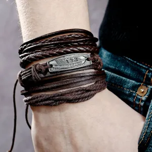 Men's Four-Piece Feather Leaves Decor Woven Bracelets Set