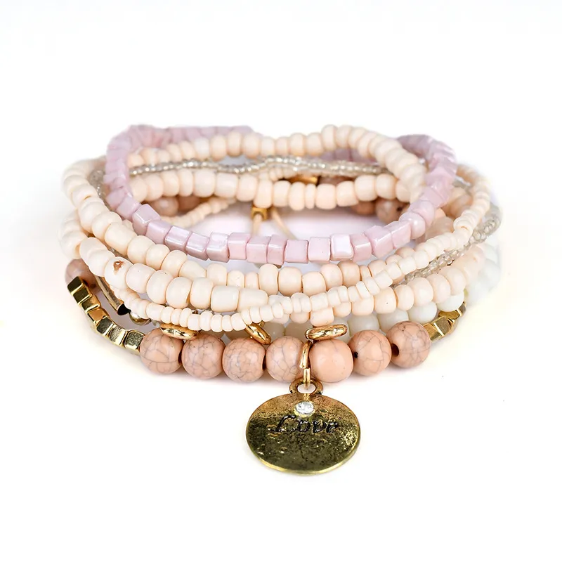 Multi-Layer Love Heart Word Carved Handmade Pearl Beads Bracelets Set