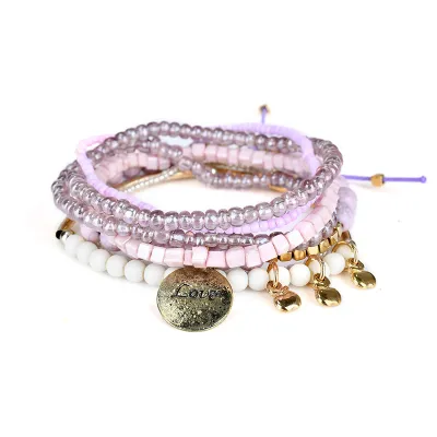Multi-Layer Love Heart Word Carved Handmade Pearl Beads Bracelets Set