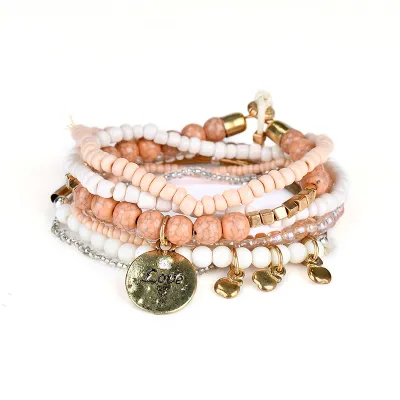 Multi-Layer Love Heart Word Carved Handmade Pearl Beads Bracelets Set