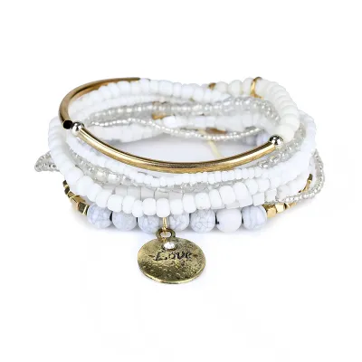 Multi-Layer Love Heart Word Carved Handmade Pearl Beads Bracelets Set