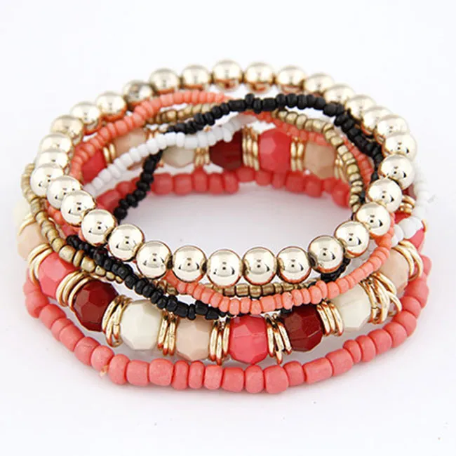 Multilayer Different Beads Design Geometric Metal Bracelets Set Women's