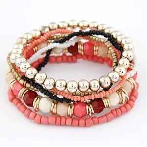 Multilayer Different Beads Design Geometric Metal Bracelets Set Women's