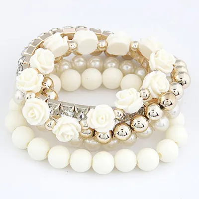Sweet Multilayer Rose Flower Design Pearl Beads Bracelets Set for Women