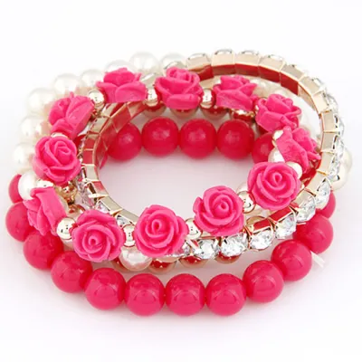 Sweet Multilayer Rose Flower Design Pearl Beads Bracelets Set for Women